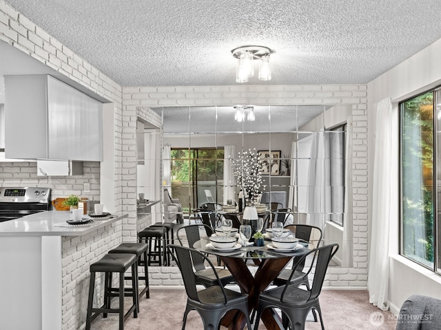 4920 200th St SW Unit A201, Lynnwood, WA 98036 - dining space with light carpet, a textured ceiling, and brick wall