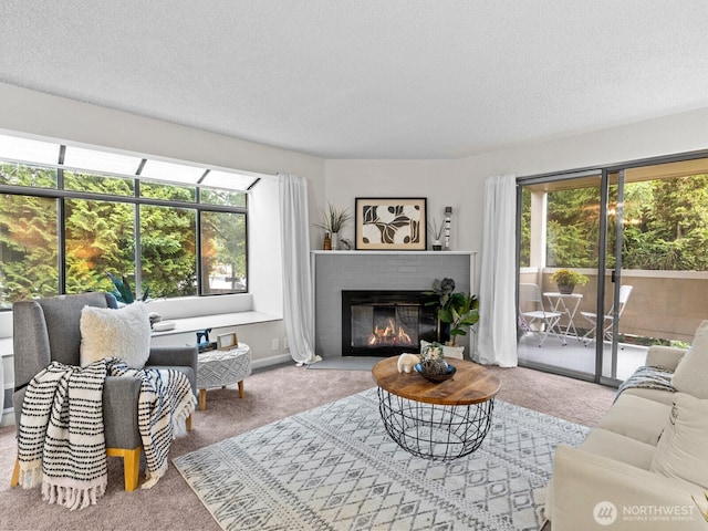 4920 200th St SW Unit A201, Lynnwood, WA 98036 - living room with carpet, plenty of natural light, a fireplace, a textured ceiling, and a sunroom