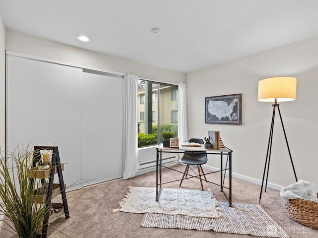 4920 200th St SW Unit A201, Lynnwood, WA 98036 - home office with carpet flooring, a baseboard heating unit, and recessed lighting