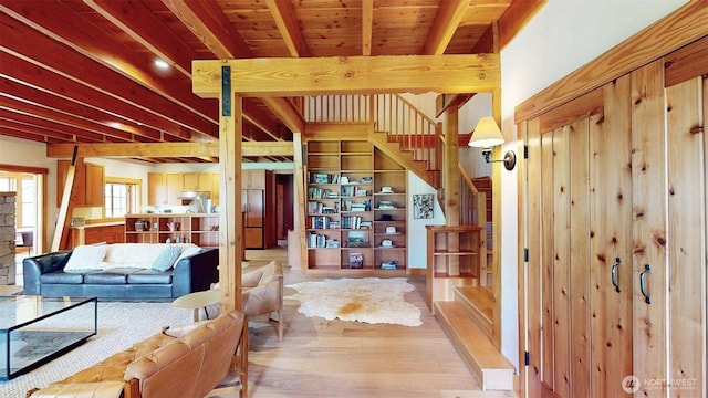 156 Poechmann Rd, Okanogan, WA 98840 - living area with stairs, beam ceiling, and light wood finished floors