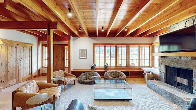156 Poechmann Rd, Okanogan, WA 98840 - living room featuring a fireplace and a wood ceiling with exposed beams
