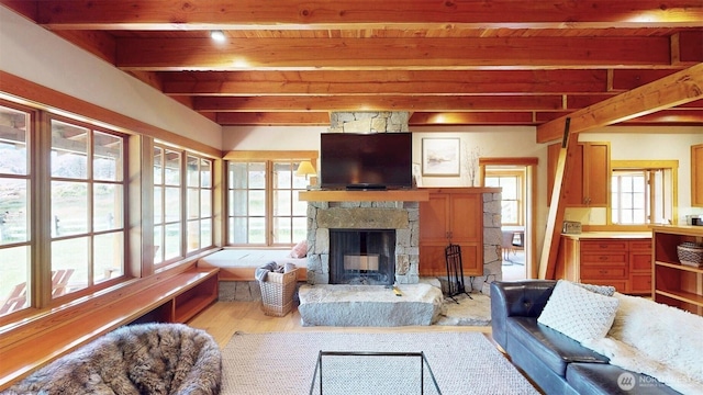 156 Poechmann Rd, Okanogan, WA 98840 - living room featuring wood finished floors, a wood ceiling with exposed beams, and a stone fireplace