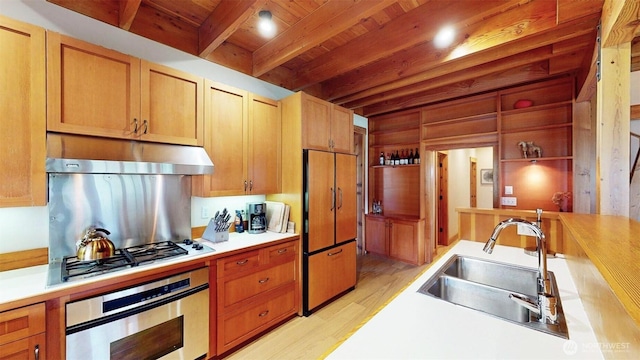 156 Poechmann Rd, Okanogan, WA 98840 - kitchen featuring stainless steel appliances, under cabinet range hood, a wood ceiling with exposed beams, light wood-style floors, and light countertops