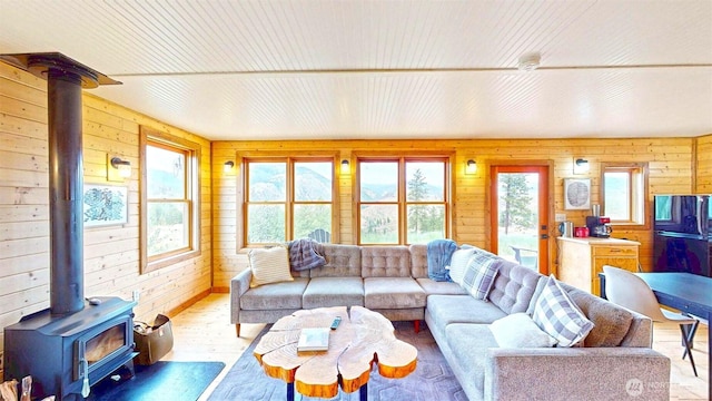 156 Poechmann Rd, Okanogan, WA 98840 - living area with a wood stove, wooden walls, and wood finished floors