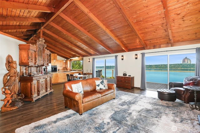10806 W Morris Blvd, Steilacoom, WA 98388 - living room with dark wood finished floors, wood ceiling, and a water view