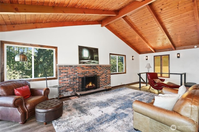 10806 W Morris Blvd, Steilacoom, WA 98388 - living room with wood finished floors, wooden ceiling, and a brick fireplace