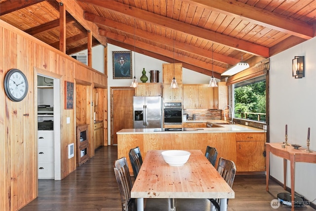 10806 W Morris Blvd, Steilacoom, WA 98388 - kitchen featuring dark wood-style floors, stainless steel refrigerator with ice dispenser, light countertops, wooden ceiling, and tasteful backsplash