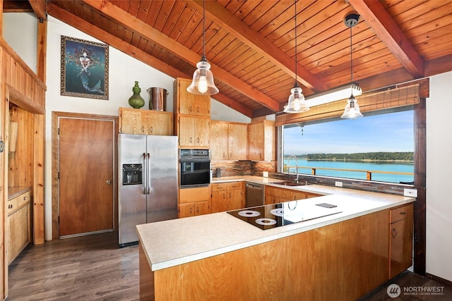 10806 W Morris Blvd, Steilacoom, WA 98388 - kitchen with black appliances, a peninsula, dark wood-style flooring, wooden ceiling, and decorative light fixtures