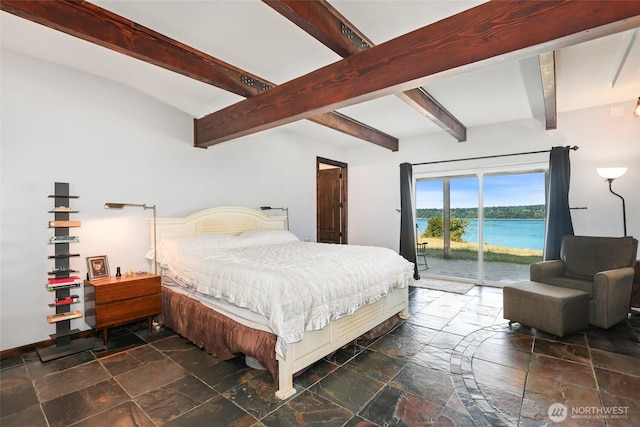 10806 W Morris Blvd, Steilacoom, WA 98388 - bedroom featuring stone tile flooring, access to exterior, beam ceiling, and a water view