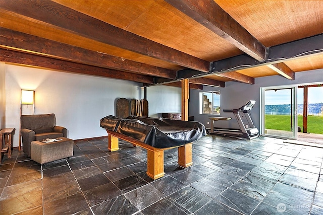 10806 W Morris Blvd, Steilacoom, WA 98388 - recreation room featuring beamed ceiling, stone tile floors, and billiards table