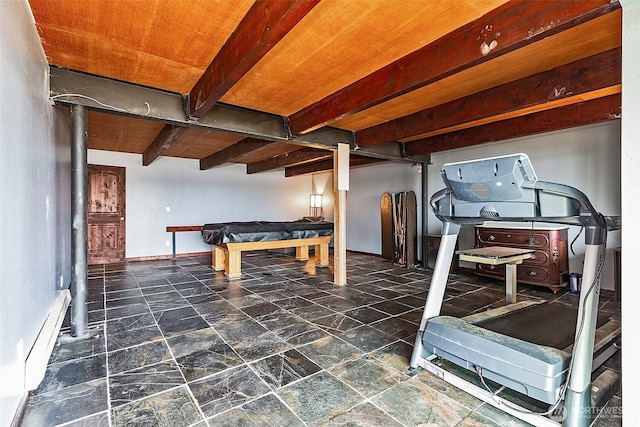 10806 W Morris Blvd, Steilacoom, WA 98388 - recreation room with stone finish flooring, pool table, a baseboard heating unit, and beamed ceiling