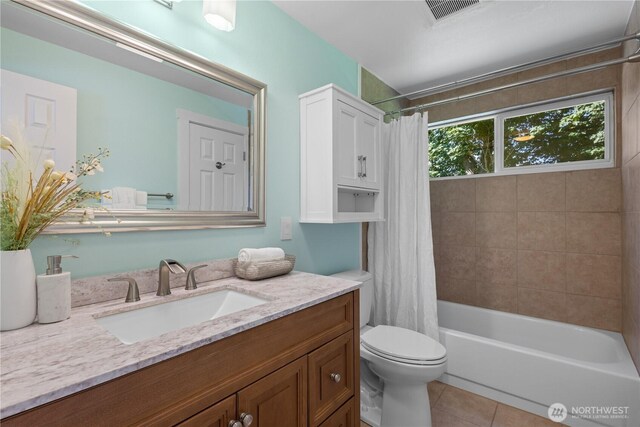 12712 NE 157th St, Woodinville, WA 98072 - bathroom with tile patterned flooring, vanity, and shower / bathtub combination with curtain