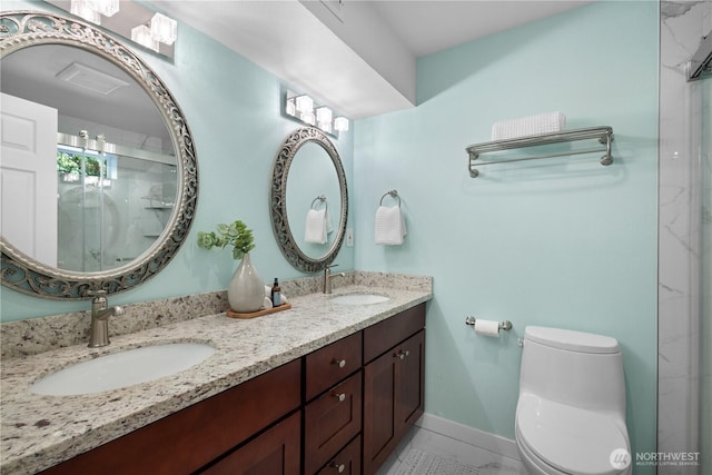 12712 NE 157th St, Woodinville, WA 98072 - full bath with double vanity, a marble finish shower, and tile patterned floors