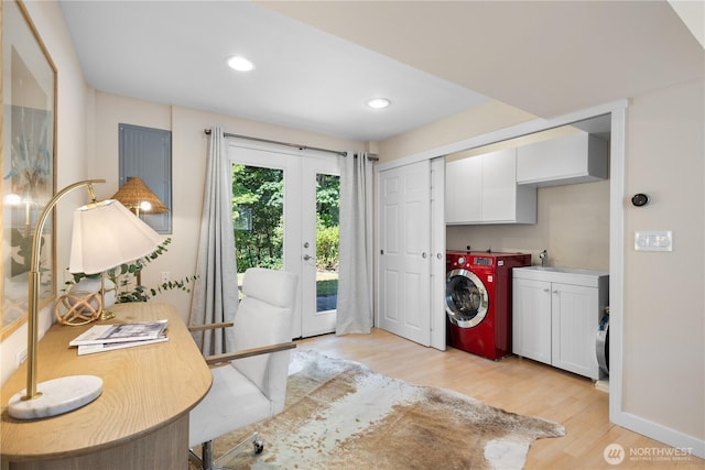 12712 NE 157th St, Woodinville, WA 98072 - laundry area with cabinet space, light wood finished floors, and recessed lighting