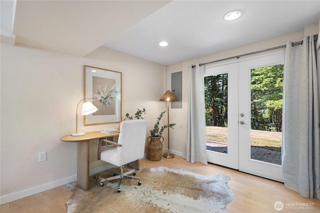 12712 NE 157th St, Woodinville, WA 98072 - office space featuring wood finished floors, french doors, and recessed lighting