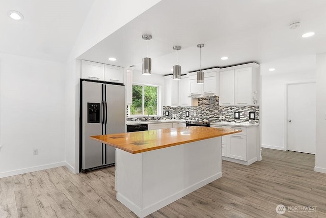 2819 SW 350th Pl, Federal Way, WA 98023 - kitchen with stainless steel fridge with ice dispenser, butcher block countertops, decorative backsplash, light wood-style floors, and recessed lighting