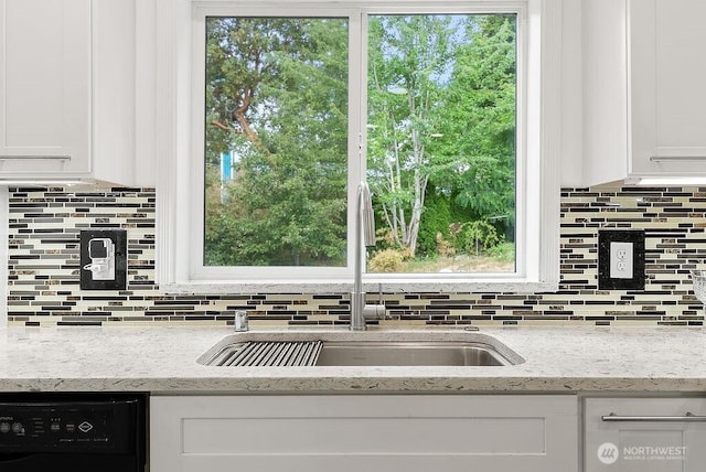 2819 SW 350th Pl, Federal Way, WA 98023 - kitchen with dishwasher, tasteful backsplash, white cabinets, and light stone countertops