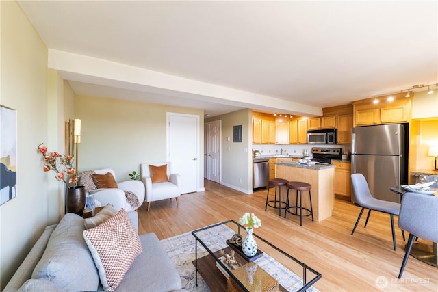 1525 Taylor Ave N Unit 505, Seattle, WA 98109 - living room featuring light wood finished floors and rail lighting