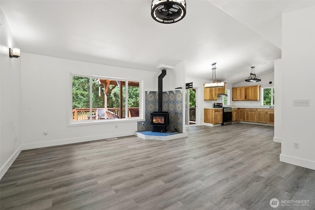 14115 Mountain Vista Dr SE, Yelm, WA 98597 - unfurnished living room with a wood stove, plenty of natural light, wood finished floors, and lofted ceiling