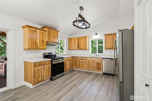 14115 Mountain Vista Dr SE, Yelm, WA 98597 - kitchen with stainless steel appliances, under cabinet range hood, light wood finished floors, lofted ceiling, and light countertops