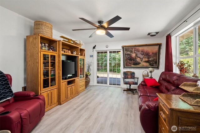 14115 Mountain Vista Dr SE, Yelm, WA 98597 - living room with light wood finished floors, ceiling fan, and plenty of natural light