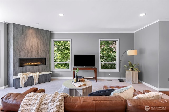 2620 Birch St, Bellingham, WA 98226 - living area featuring healthy amount of natural light, carpet flooring, crown molding, and recessed lighting