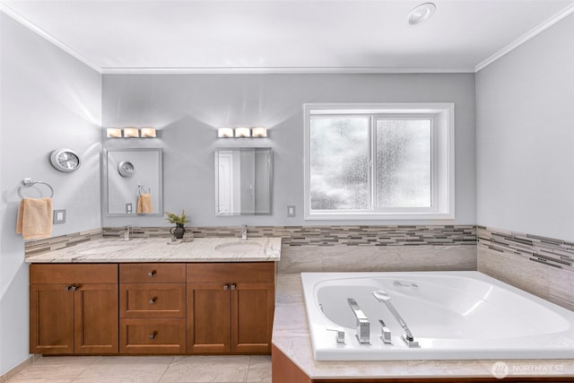 2620 Birch St, Bellingham, WA 98226 - bathroom featuring double vanity, ornamental molding, a bath, and tile patterned floors