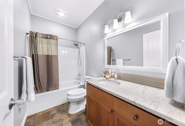 2620 Birch St, Bellingham, WA 98226 - full bathroom with vanity, ornamental molding, shower / bath combo, and stone finish floors