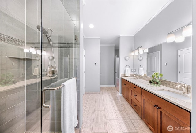 2620 Birch St, Bellingham, WA 98226 - full bathroom featuring double vanity, crown molding, and a shower stall