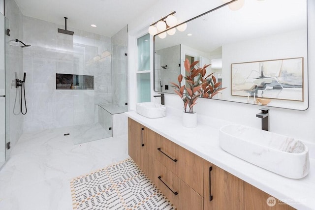 14737 56th Ave S, Tukwila, WA 98168 - full bath with double vanity, a shower with shower door, and recessed lighting