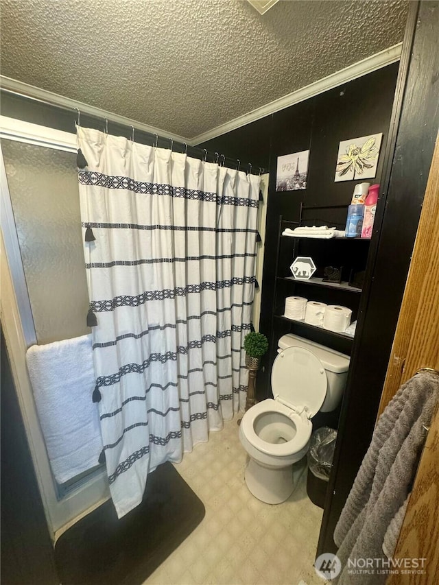 7619 156th Street Ct E Unit 9, Puyallup, WA 98375 - full bath with crown molding, a textured ceiling, tile patterned floors, and curtained shower