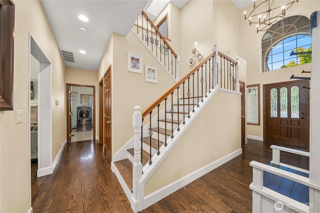 30449 103rd Ct SE, Auburn, WA 98092 - foyer featuring stairs, wood finished floors, a chandelier, a towering ceiling, and recessed lighting