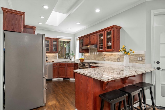 30449 103rd Ct SE, Auburn, WA 98092 - kitchen with stainless steel appliances, a peninsula, a skylight, ornamental molding, and decorative backsplash