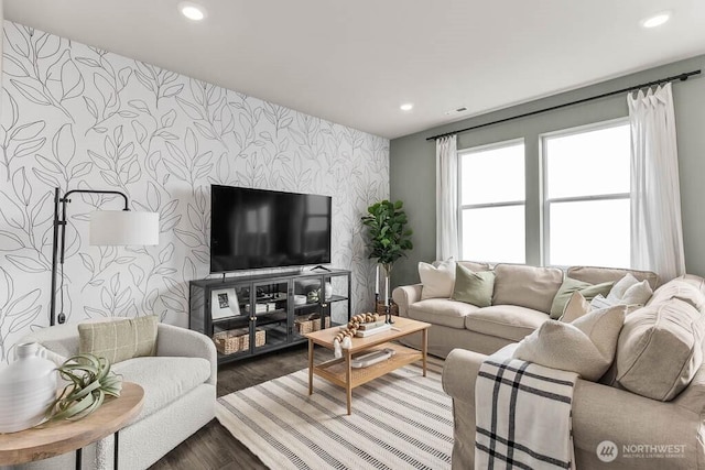 214 18th Dr Unit 100, Snohomish, WA 98290 - living room with wallpapered walls, an accent wall, recessed lighting, and wood finished floors