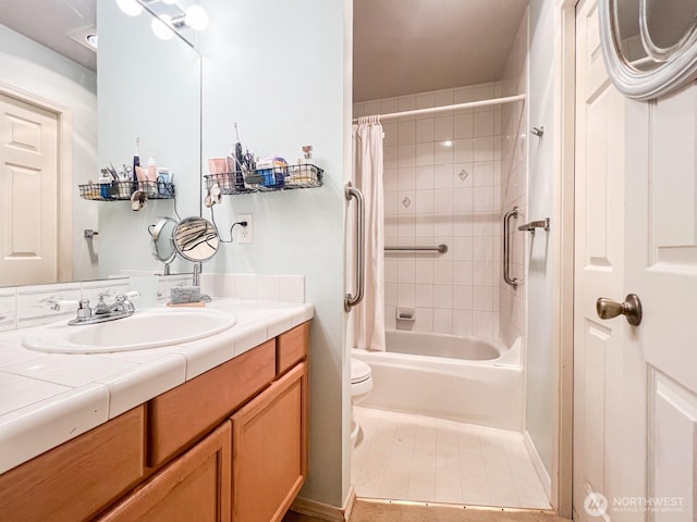 38774 SE Beta, Unit Snoqualmie, WA 98065 - full bath featuring vanity, shower / bathtub combination with curtain, and tile patterned flooring