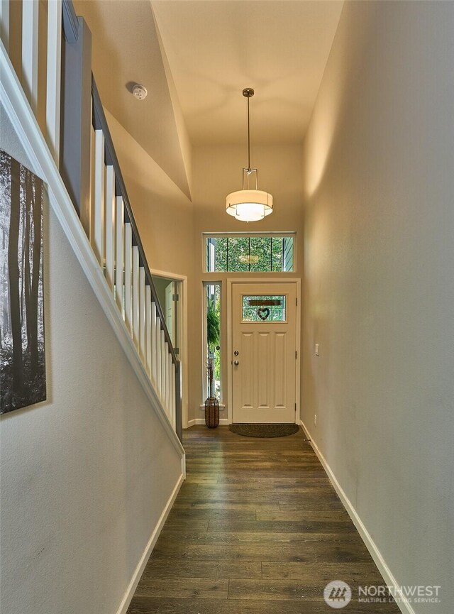 12235 SE 253rd St, Kent, WA 98030 - foyer entrance featuring dark wood-style flooring, stairway, and a towering ceiling