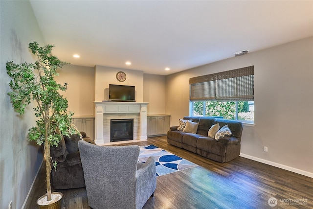12235 SE 253rd St, Kent, WA 98030 - living room featuring a tiled fireplace, wood finished floors, and recessed lighting