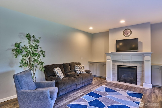 12235 SE 253rd St, Kent, WA 98030 - living room with a fireplace, wood finished floors, and recessed lighting