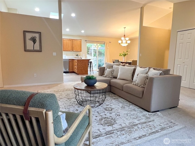104 Puget Loop, Port Ludlow, WA 98365 - living room featuring a chandelier, light colored carpet, and recessed lighting
