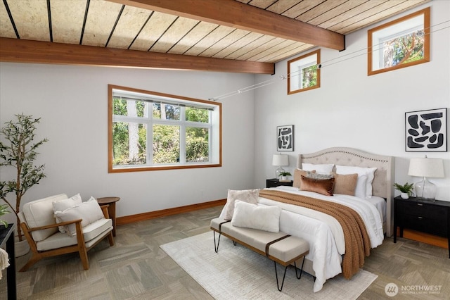 222 Rhodena Dr, Coupeville, WA 98239 - bedroom with multiple windows and a wooden ceiling with exposed beams