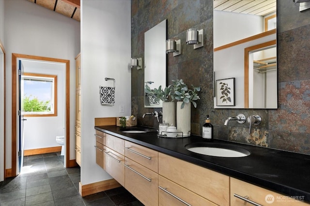 222 Rhodena Dr, Coupeville, WA 98239 - full bath featuring tasteful backsplash, double vanity, and a high ceiling
