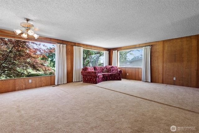714 Canterbury Rd NW, Soap Lake, WA 98851 - carpeted living room with wood walls and a textured ceiling