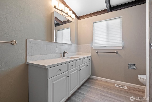 714 Canterbury Rd NW, Soap Lake, WA 98851 - bathroom featuring vanity, decorative backsplash, and wood finished floors