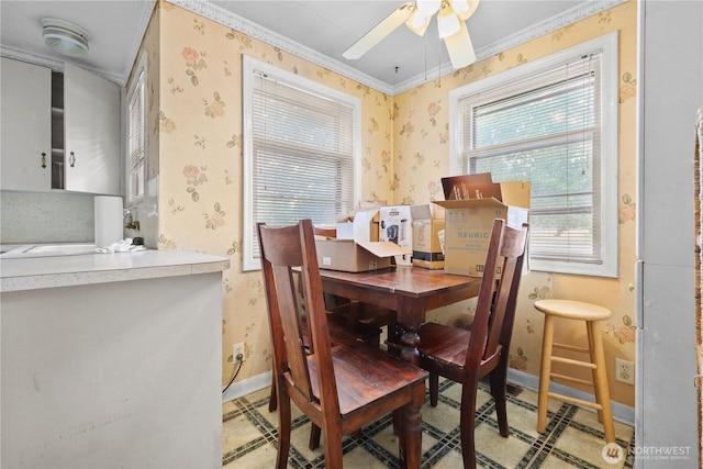 110 3rd Ave SW, Pacific, WA 98047 - dining room featuring wallpapered walls, ornamental molding, and ceiling fan