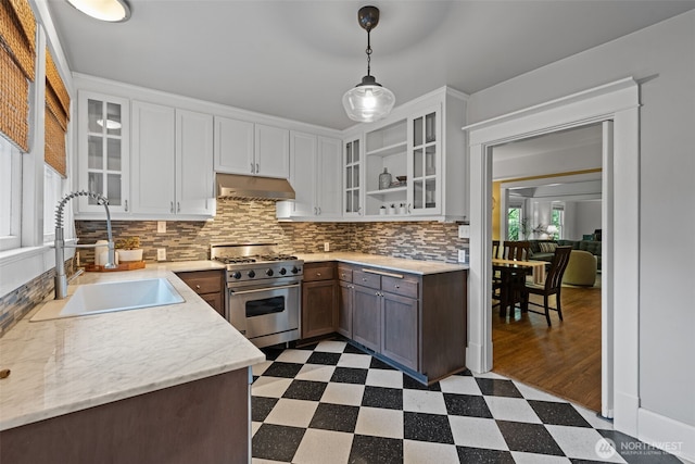 208 N Yakima, Tacoma, WA 98403 - kitchen featuring high end stainless steel range, dark flooring, under cabinet range hood, decorative backsplash, and white cabinetry