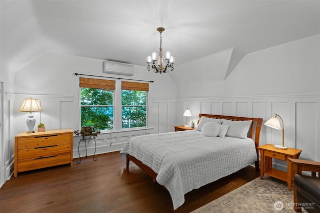 208 N Yakima, Tacoma, WA 98403 - bedroom featuring a decorative wall, a wall unit AC, lofted ceiling, a chandelier, and wainscoting