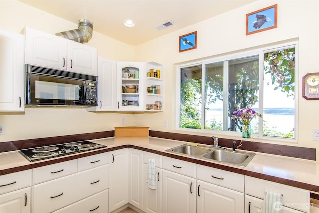 10125 Totem Way, Anderson Island, WA 98303 - kitchen with black appliances, white cabinetry, open shelves, and recessed lighting