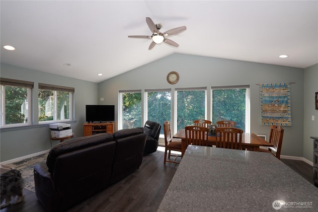 24523 L Ln, Ocean Park, WA 98640 - living area with lofted ceiling, dark wood-style flooring, ceiling fan, and recessed lighting