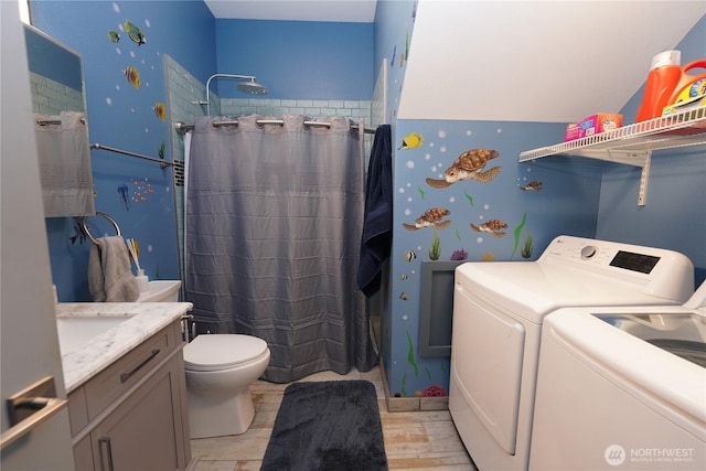 24523 L Ln, Ocean Park, WA 98640 - full bathroom featuring washing machine and dryer, a shower with shower curtain, and vanity