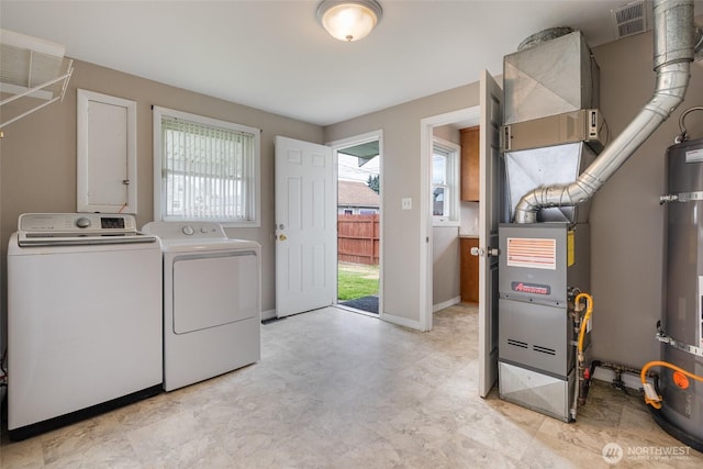 5030 S Park Ave S, Tacoma, WA 98408 - laundry area with washer and clothes dryer, strapped water heater, light flooring, and heating unit